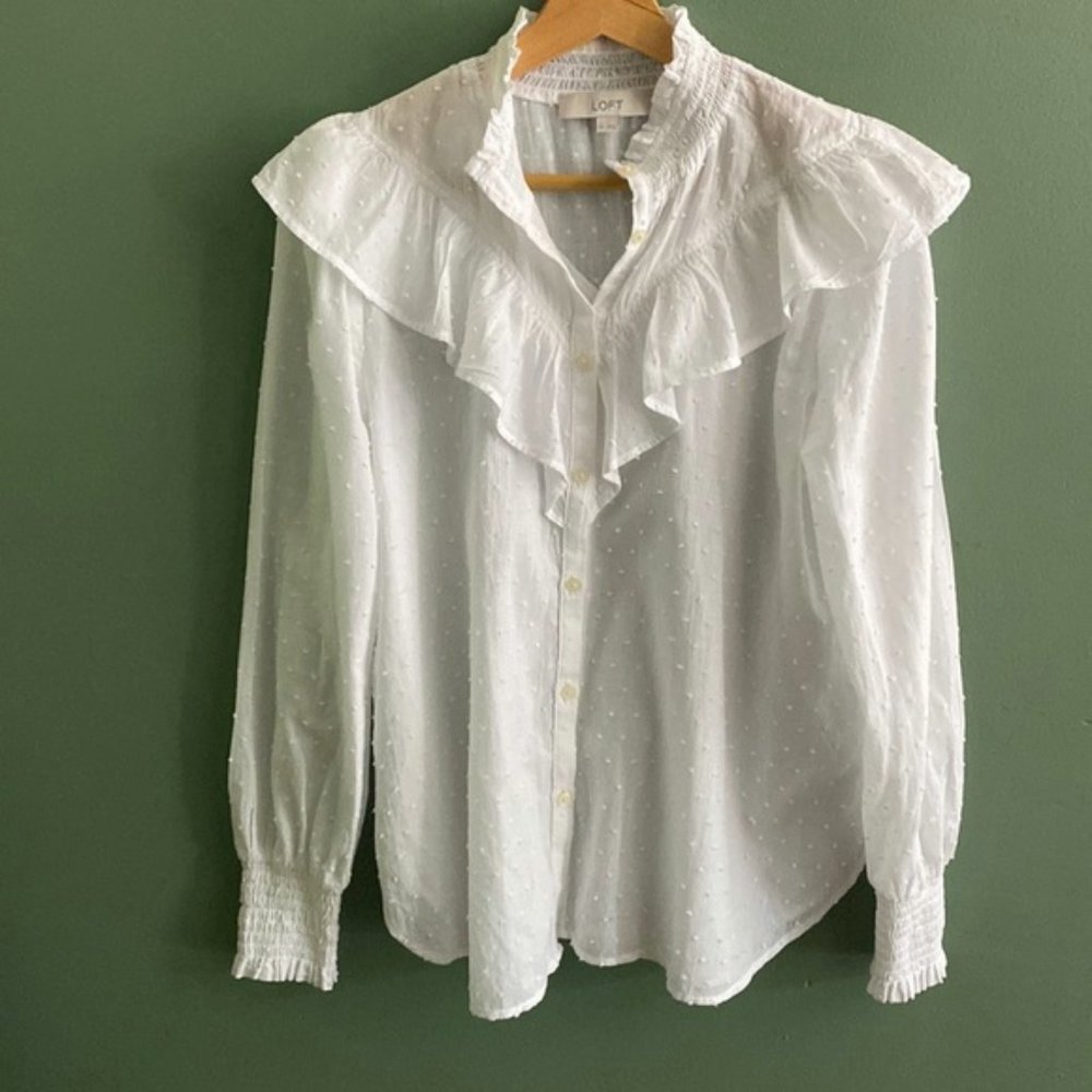 LOFT | medium | ruffles ~ long sleeve | 100% cotton | white top | blouse